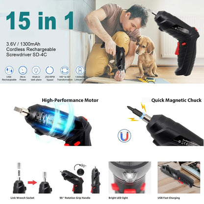 3.6V Cordless Electric Screwdriver Set USB Charging 3Nm Screw Gun with LED Light