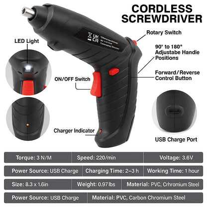 3.6V Cordless Electric Screwdriver Set USB Charging 3Nm Screw Gun with LED Light