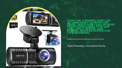 Dash Cam, 3 Channel Dash Cam, 4K+1080P Dash Cam Front and Inside, Triple Dash Cam,Car Night Vision Dash Camera with 32GB Card, HDR, G-Sensor, 24Hr Parking, Front Rear Dash Cam Loop Recording by@Outfy