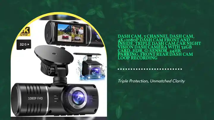 Dash Cam, 3 Channel Dash Cam, 4K+1080P Dash Cam Front and Inside, Triple Dash Cam,Car Night Vision Dash Camera with 32GB Card, HDR, G-Sensor, 24Hr Parking, Front Rear Dash Cam Loop Recording by@Outfy